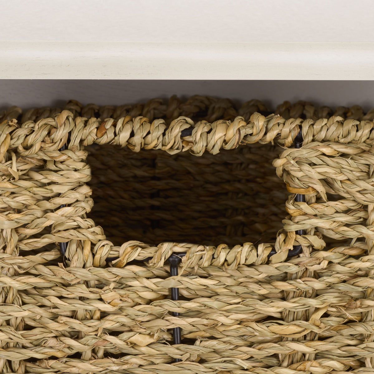 The woven basket's handhold makes it easy to reach stored items beneath the ivory shelf || HAC5700H || handle_studio