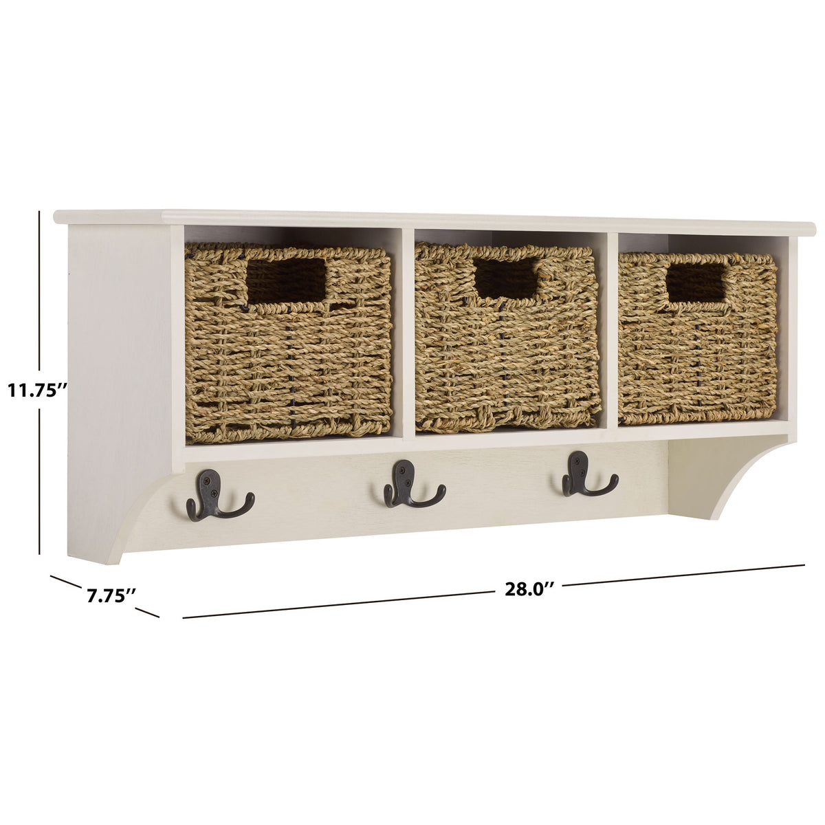 An ivory wall rack spans 28 inches and holds three woven baskets over three double hooks || HAC5700H || dimension_studio