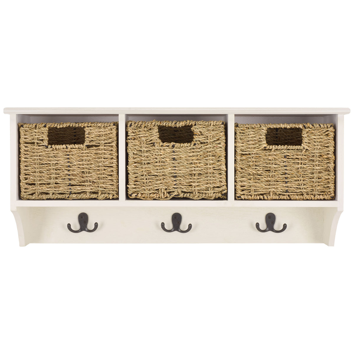 An ivory wall rack displays three woven baskets above a row of dark double hooks || HAC5700H || front_studio