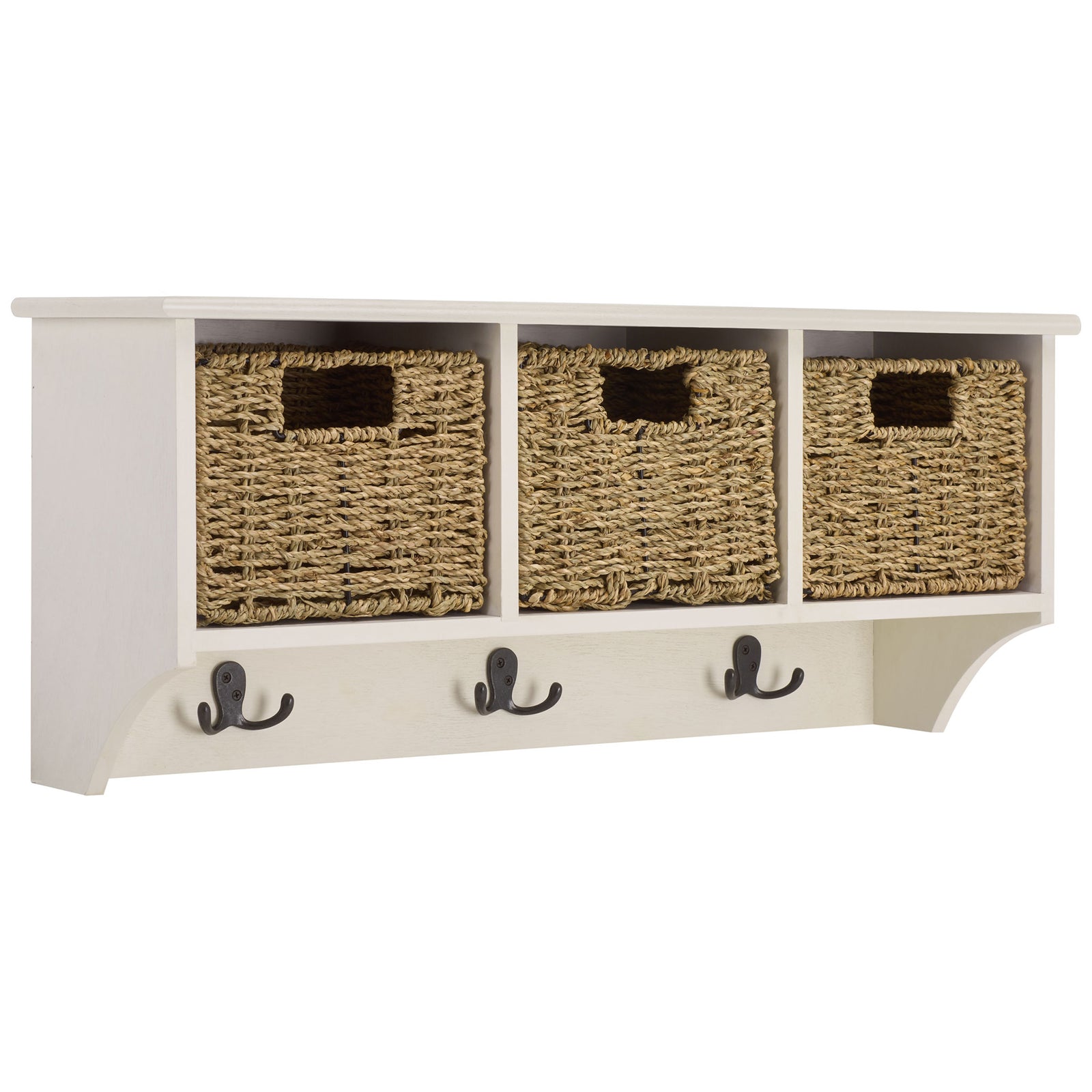 Three woven baskets sit under the ivory display ledge, with curved supports and hooks below || HAC5700H || front_angle_studio
