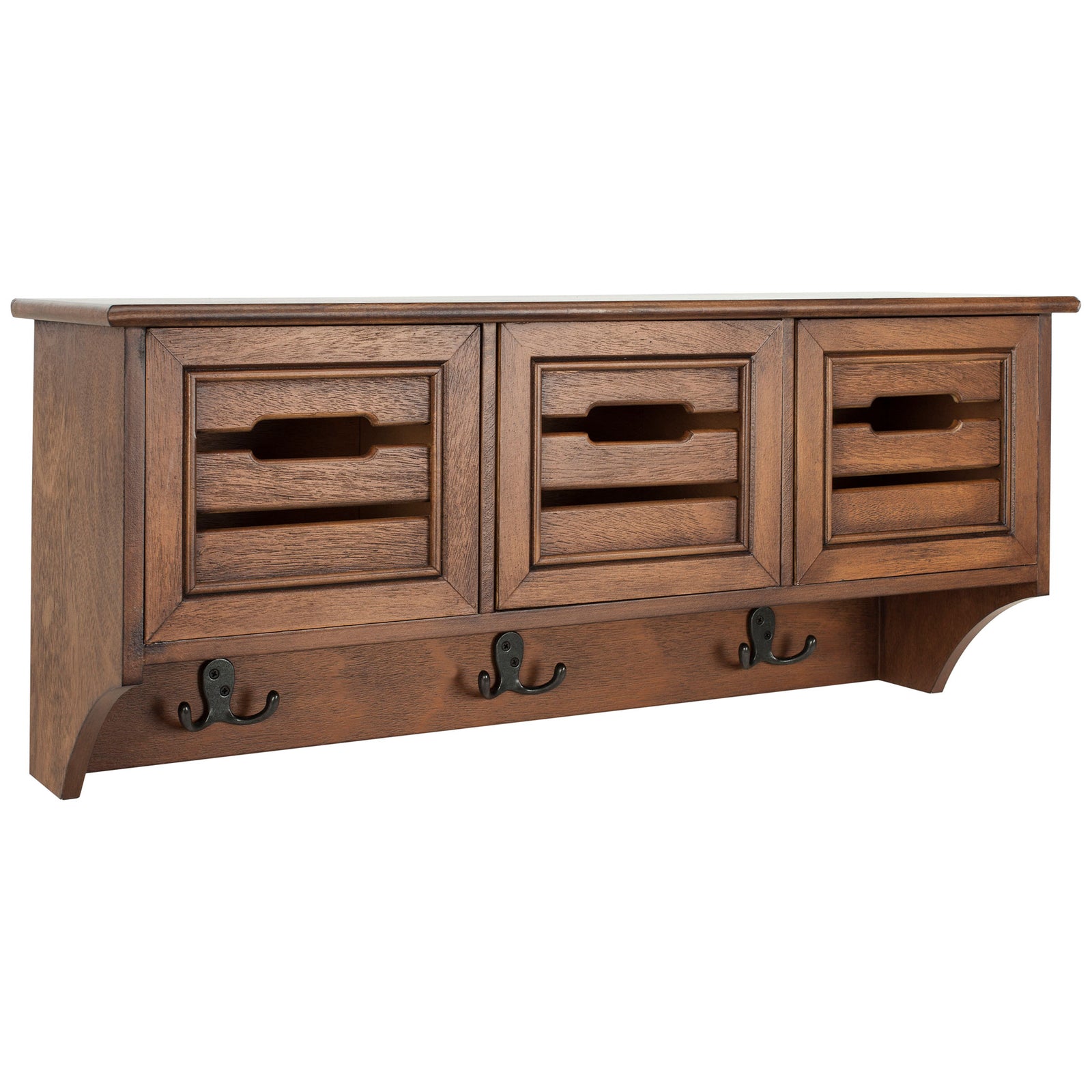Warm wood grain, curved side supports, and dark double hooks bring character to this three-drawer wall rack. || HAC5701B || front_angle_studio