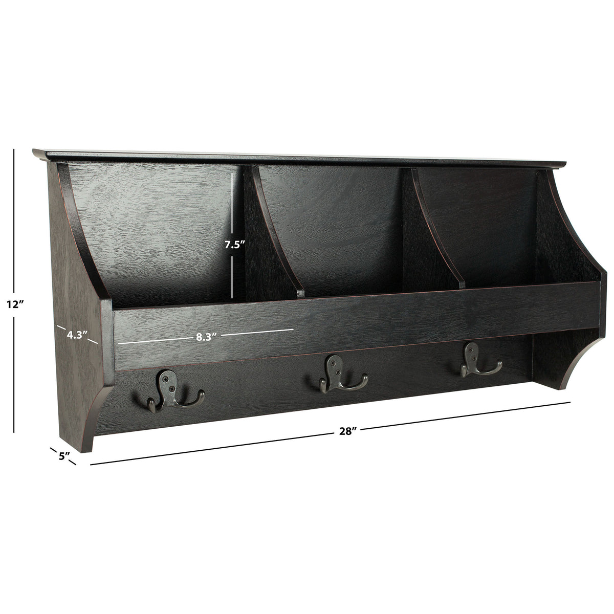 At 28 inches wide, this black wood rack provides three open compartments and hooks underneath. || HAC5702A || dimension_studio
