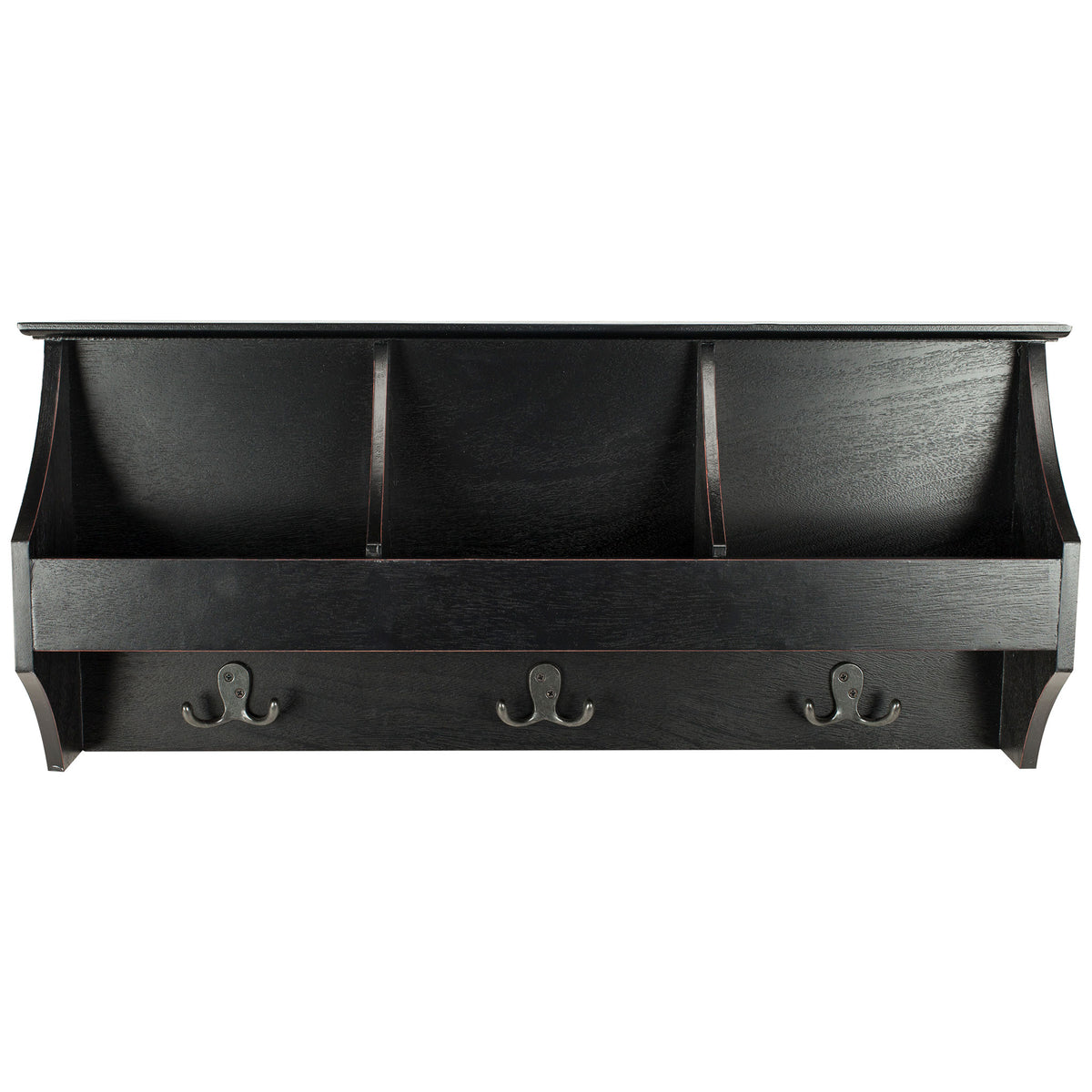 Three open cubbies and three double hooks make this black wood wall rack a versatile entryway organizer. || HAC5702A || front_studio