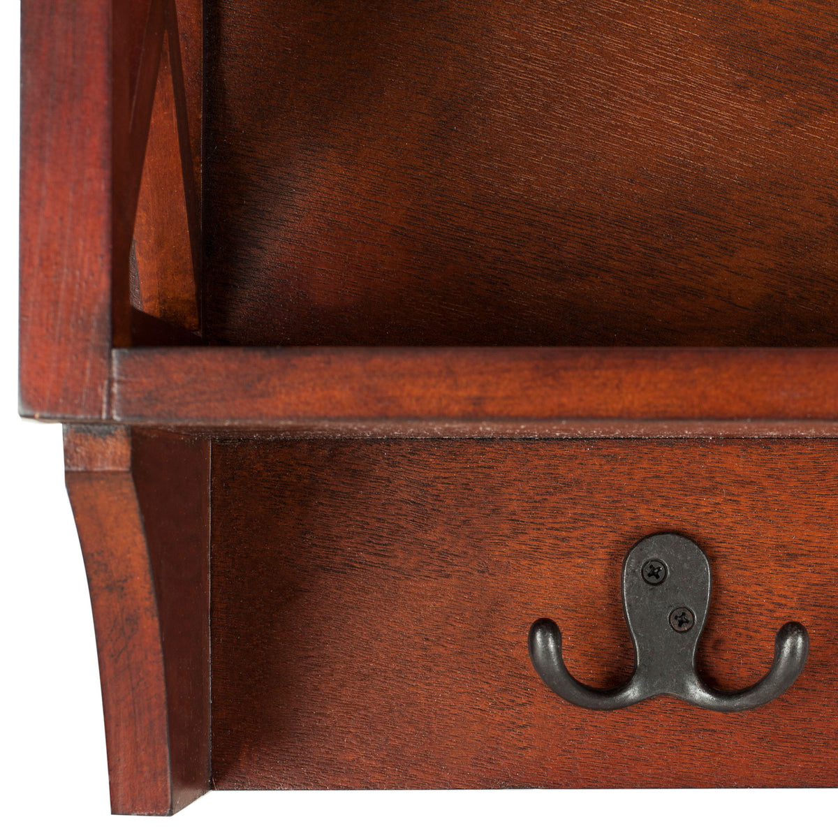 A dark metal double hook provides hanging space beneath a cherry-finished cubby. || HAC5703A || detail_studio