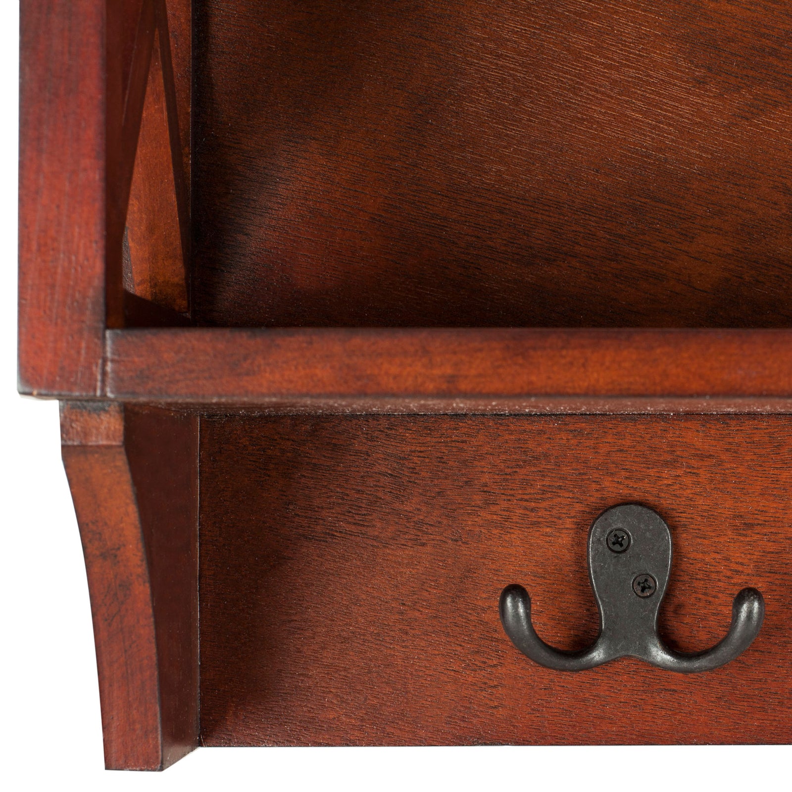 A dark metal double hook provides hanging space beneath a cherry-finished cubby. || HAC5703A || detail_studio