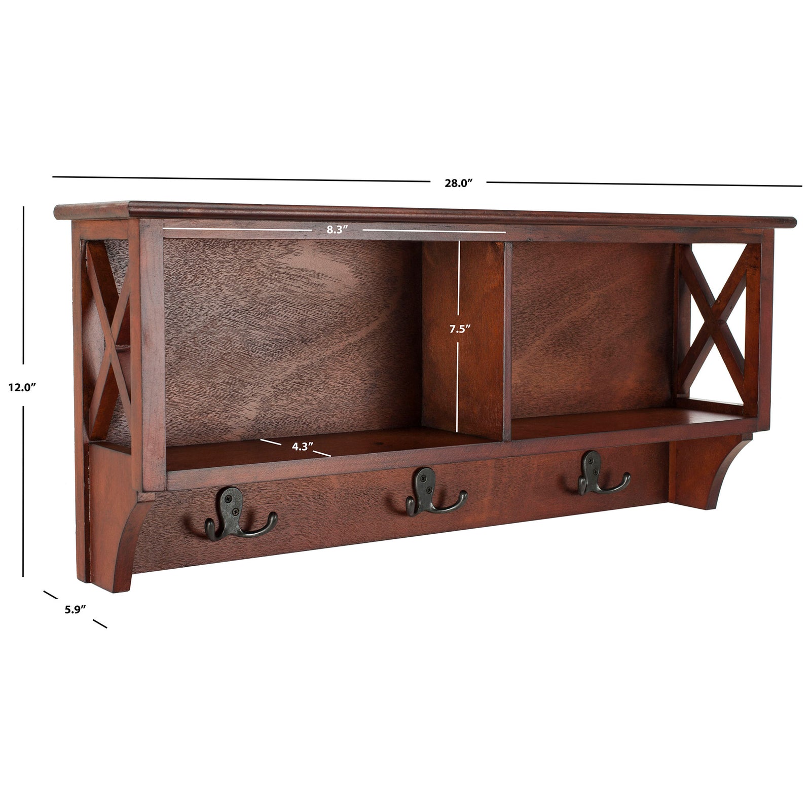 A 28-inch-wide cherry-finished rack pairs shallow open storage with three double hooks. || HAC5703A || dimension_studio