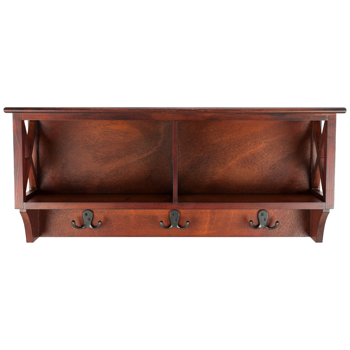 Cherry-finished wall rack pairs two open cubbies with X-braced sides and three double hooks. || HAC5703A || front_studio