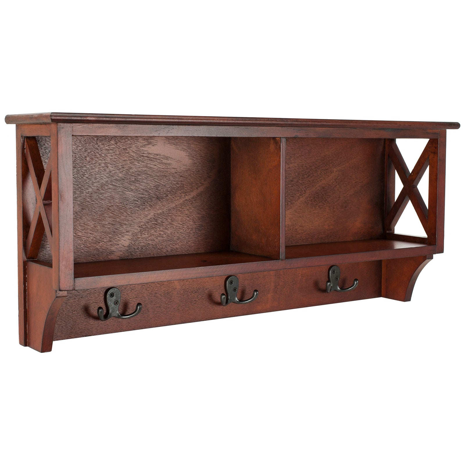 Rich cherry finish accents the cross-braced sides, open cubbies, and slim top ledge. || HAC5703A || front_angle_studio