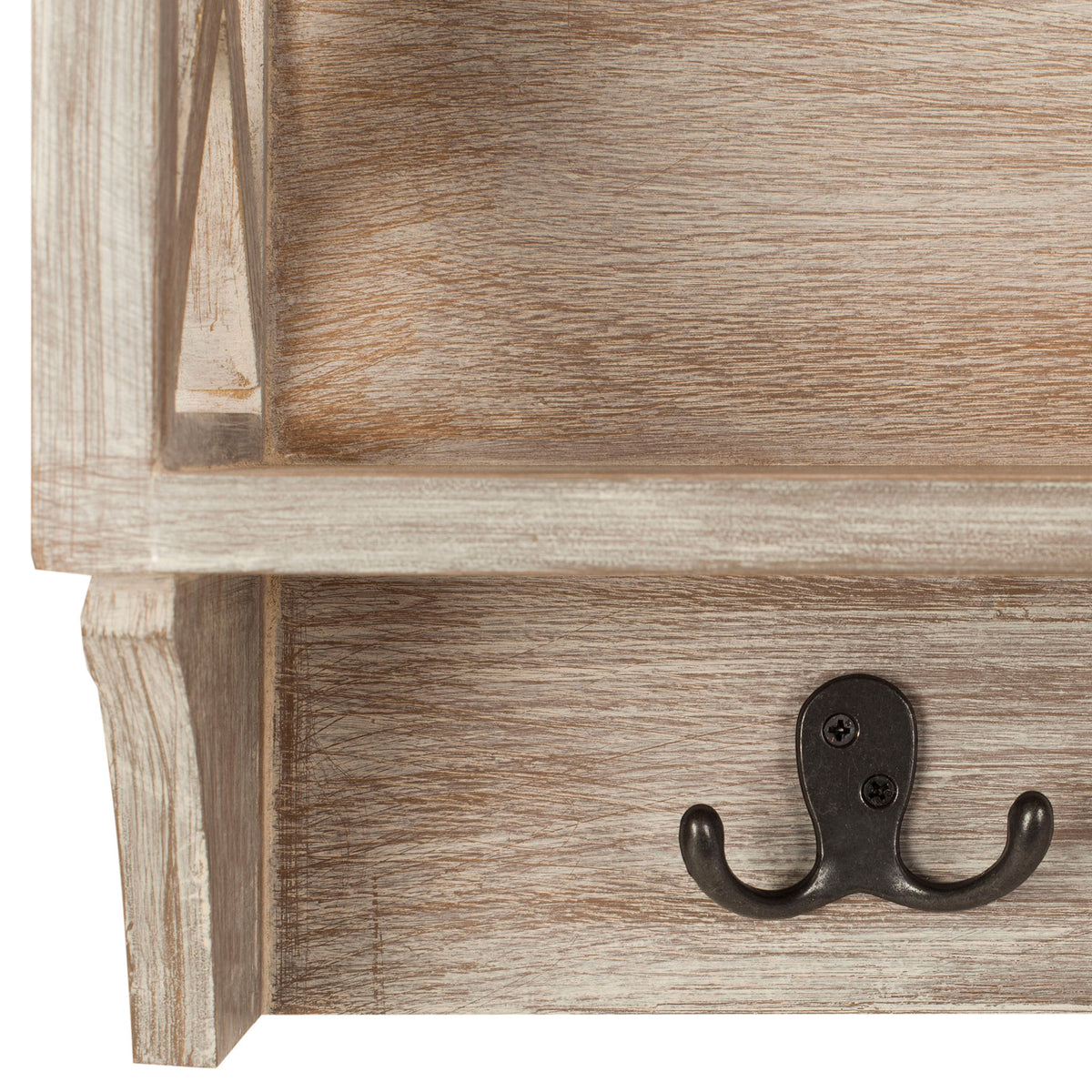 A dark metal double hook contrasts with distressed vintage white wood beneath an open cubby. || HAC5703B || detail_studio