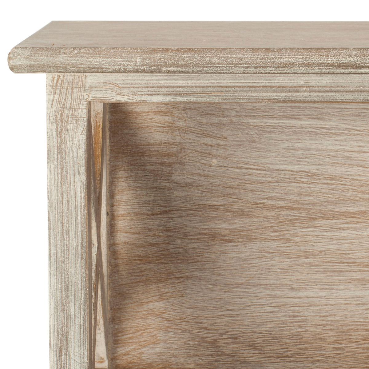 Weathered vintage white wood grain frames an open cubby beneath a rounded top. || HAC5703B || detail_studio