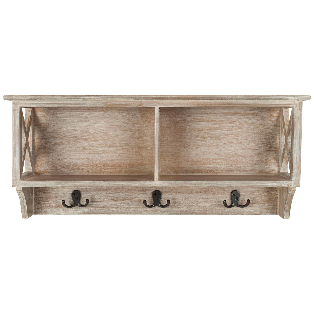 Vintage white wall rack pairs two open cubbies with three dark metal double hooks. || HAC5703B || front_studio
