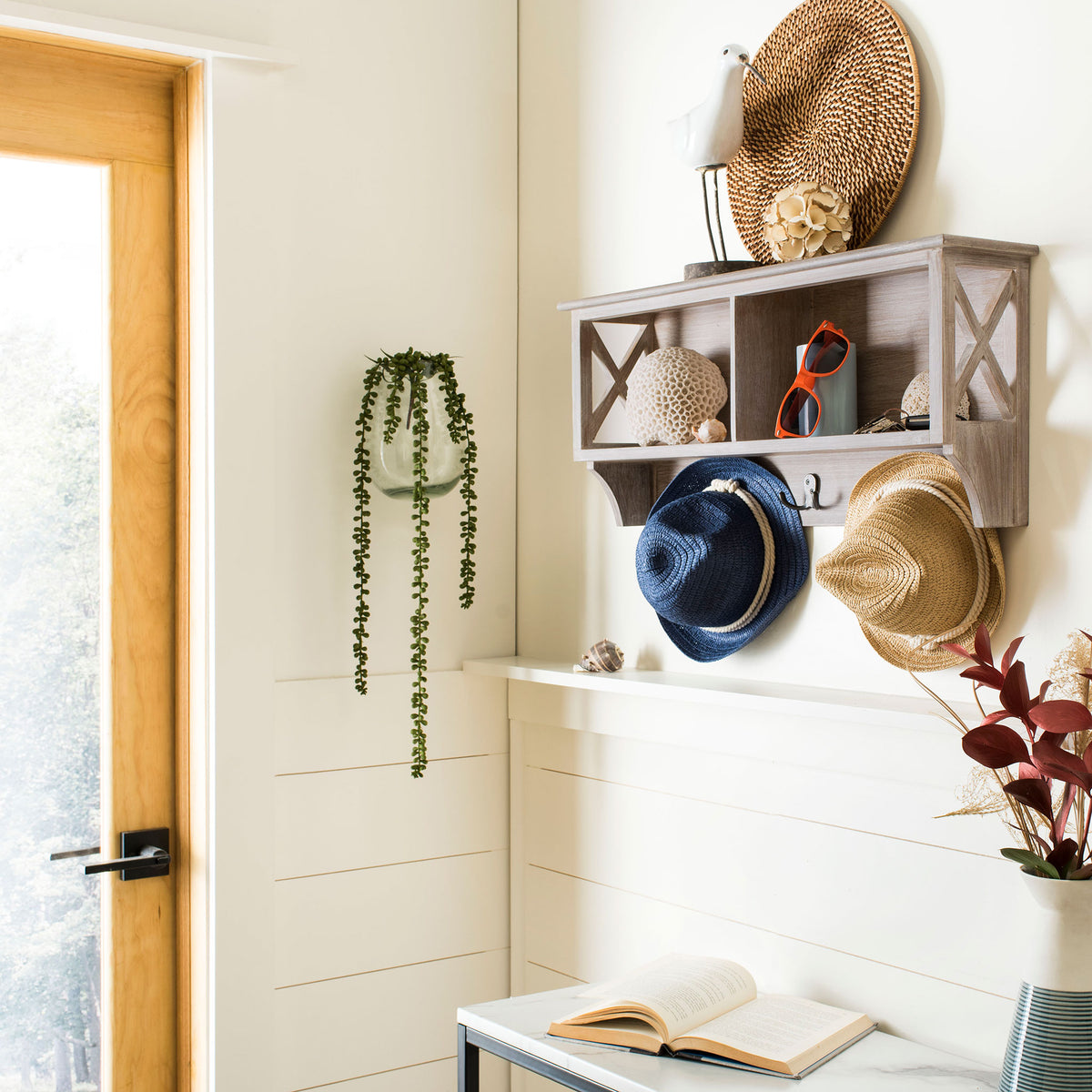 Vintage white rack organizes hats and accessories with open cubbies and hooks underneath. || HAC5703B || front_angle_room