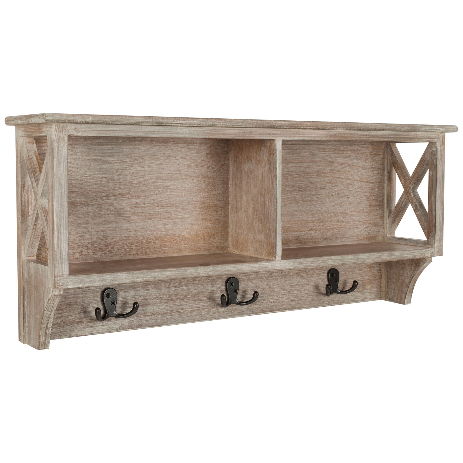 Distressed white finish highlights wood grain, cross-braced sides, and hooks beneath the cubbies. || HAC5703B || front_angle_studio
