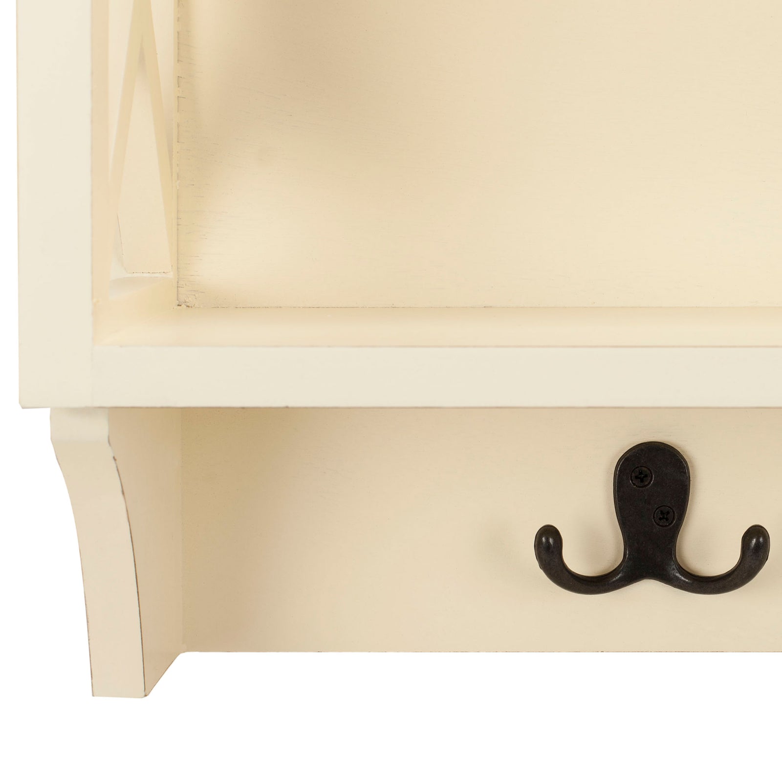 A dark double hook stands out against white wood below an open storage cubby. || HAC5703C || detail_studio