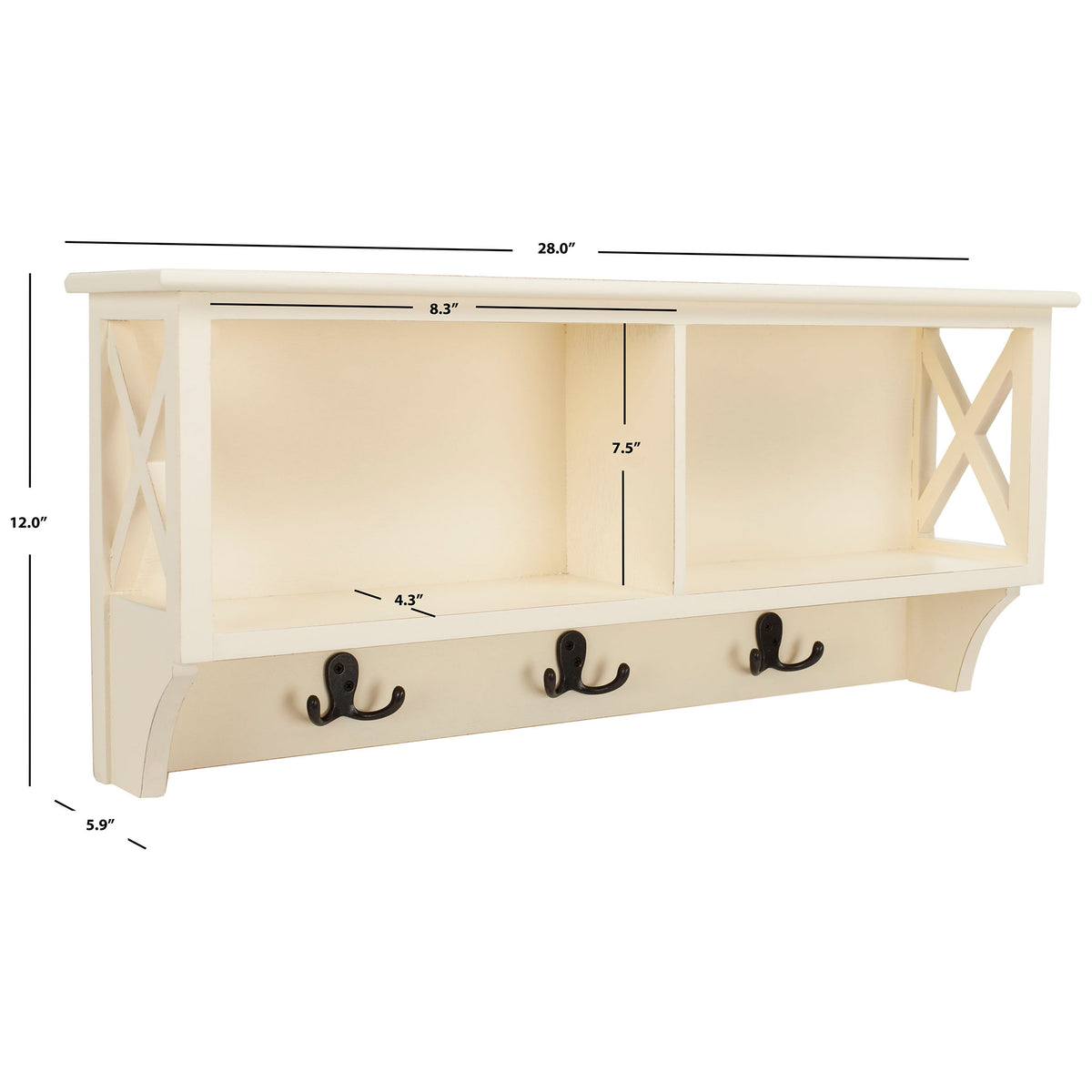 White wall rack spans 28 inches and stands 12 inches high, with three double hooks. || HAC5703C || dimension_studio