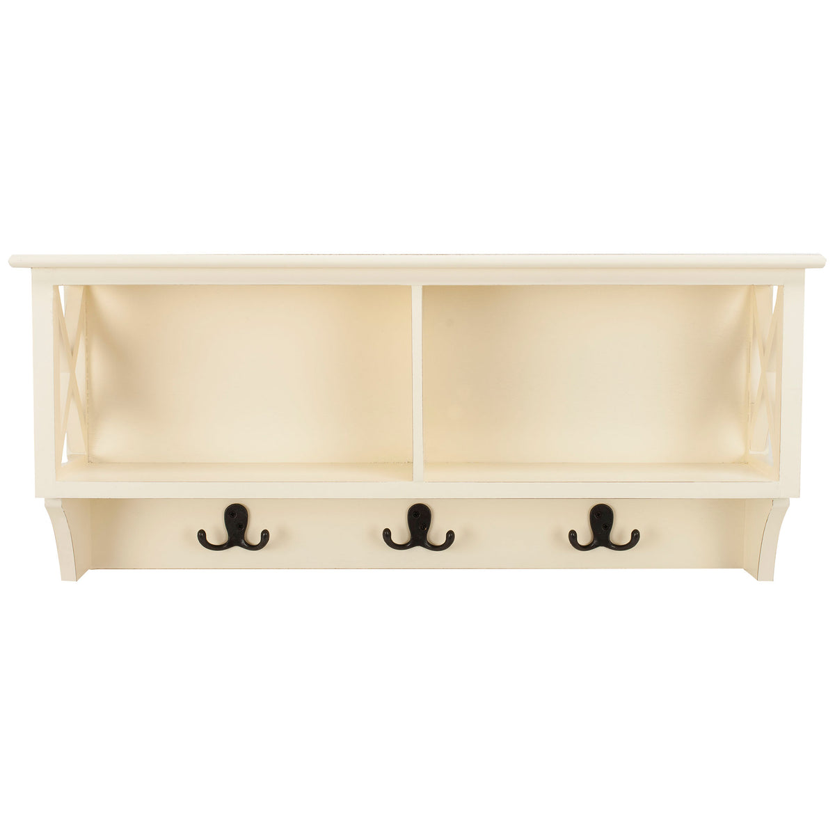 White wall rack offers two open compartments, cross-braced sides, and three dark double hooks. || HAC5703C || front_studio