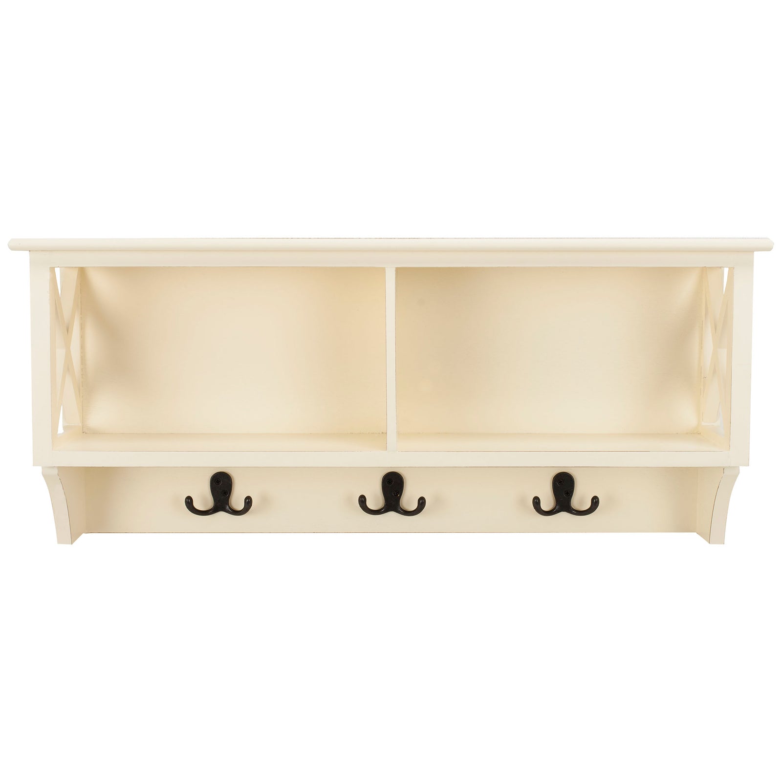 White wall rack offers two open compartments, cross-braced sides, and three dark double hooks. || HAC5703C || front_studio