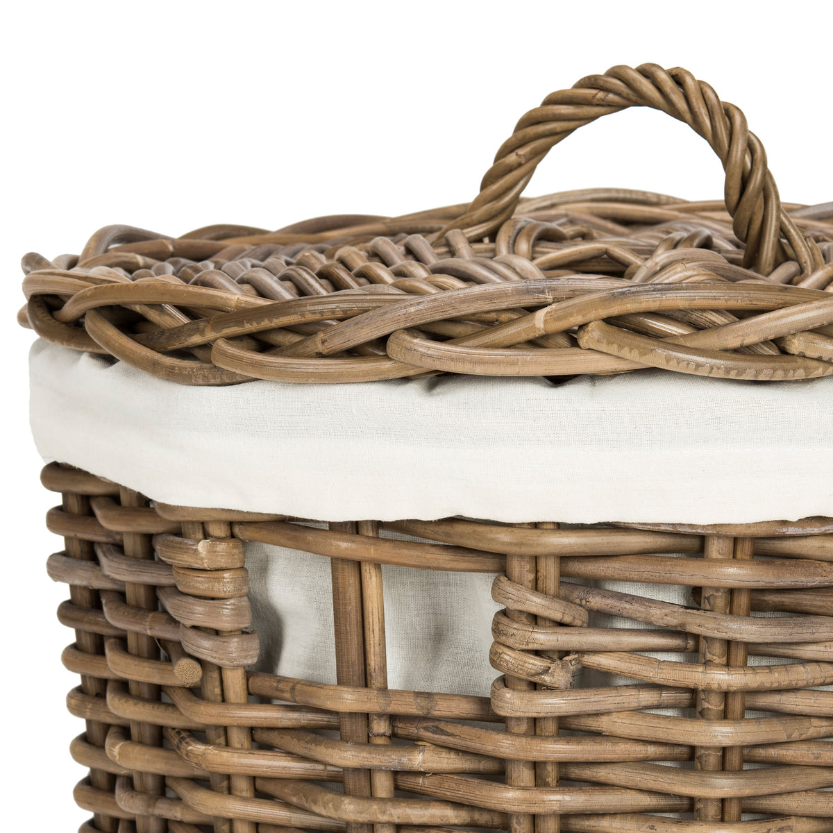A twisted rattan lid handle crowns a woven basket with a braided rim and white cotton lining. || HAC6001A || handle_studio