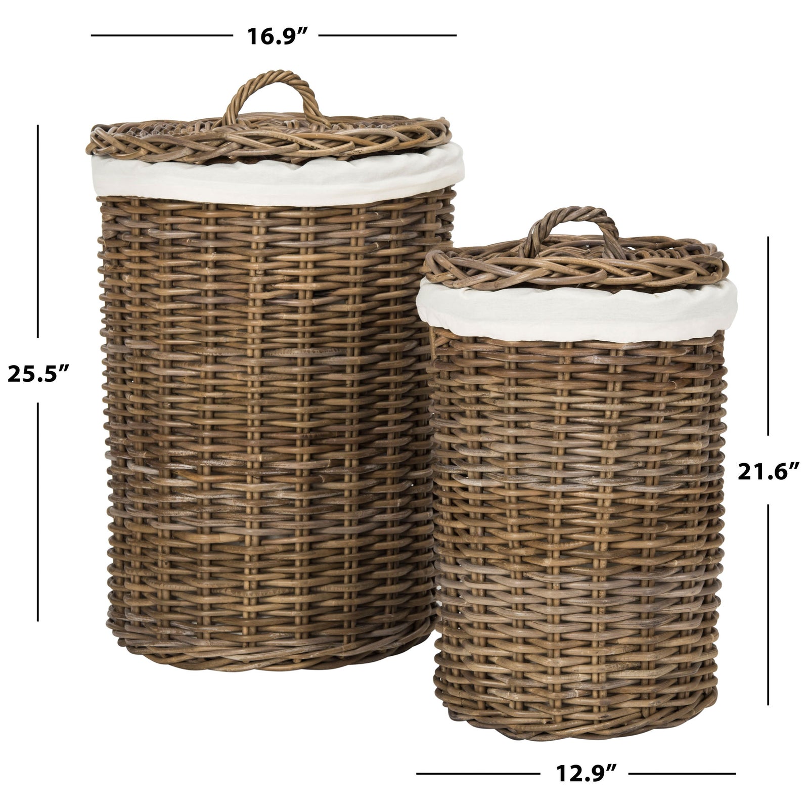 Two sizes of natural rattan laundry hampers feature woven lids and white cotton liners. || HAC6001A || dimension_studio