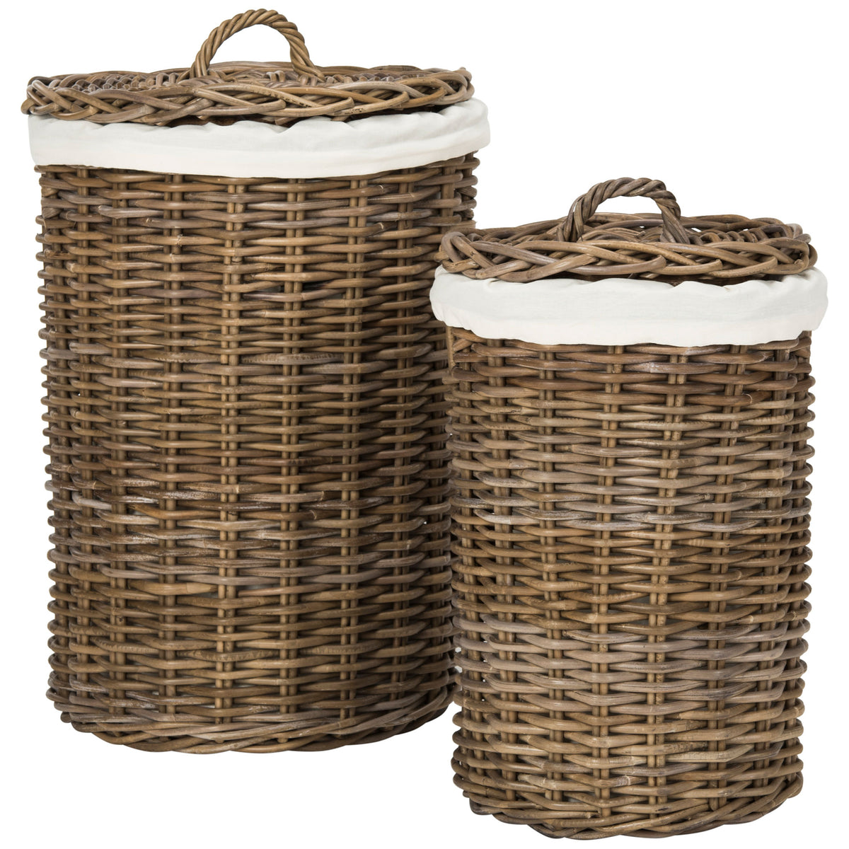 Natural rattan laundry hampers in two sizes pair woven lids with soft white liners. || HAC6001A || front_studio
