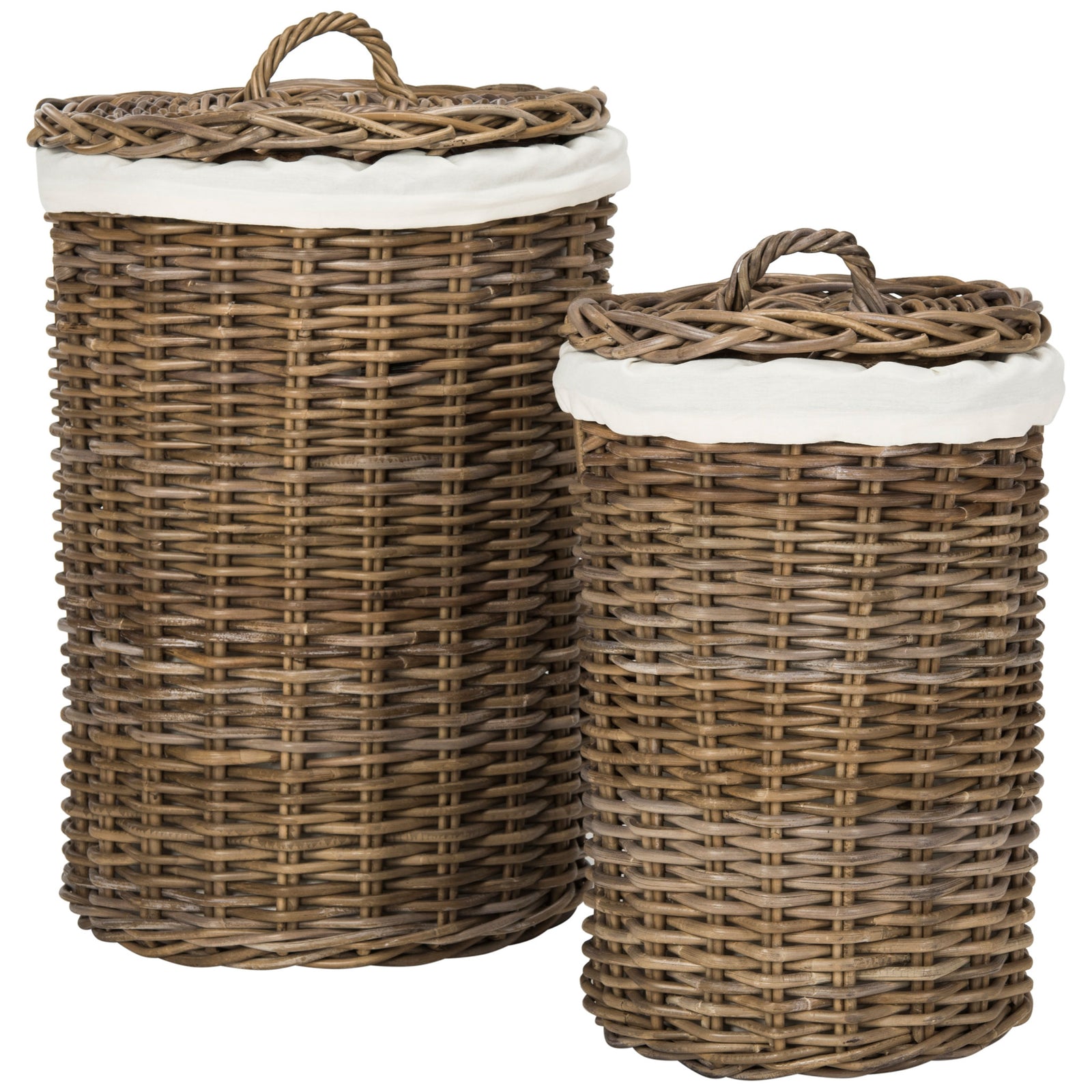 Natural rattan laundry hampers in two sizes pair woven lids with soft white liners. || HAC6001A || front_studio