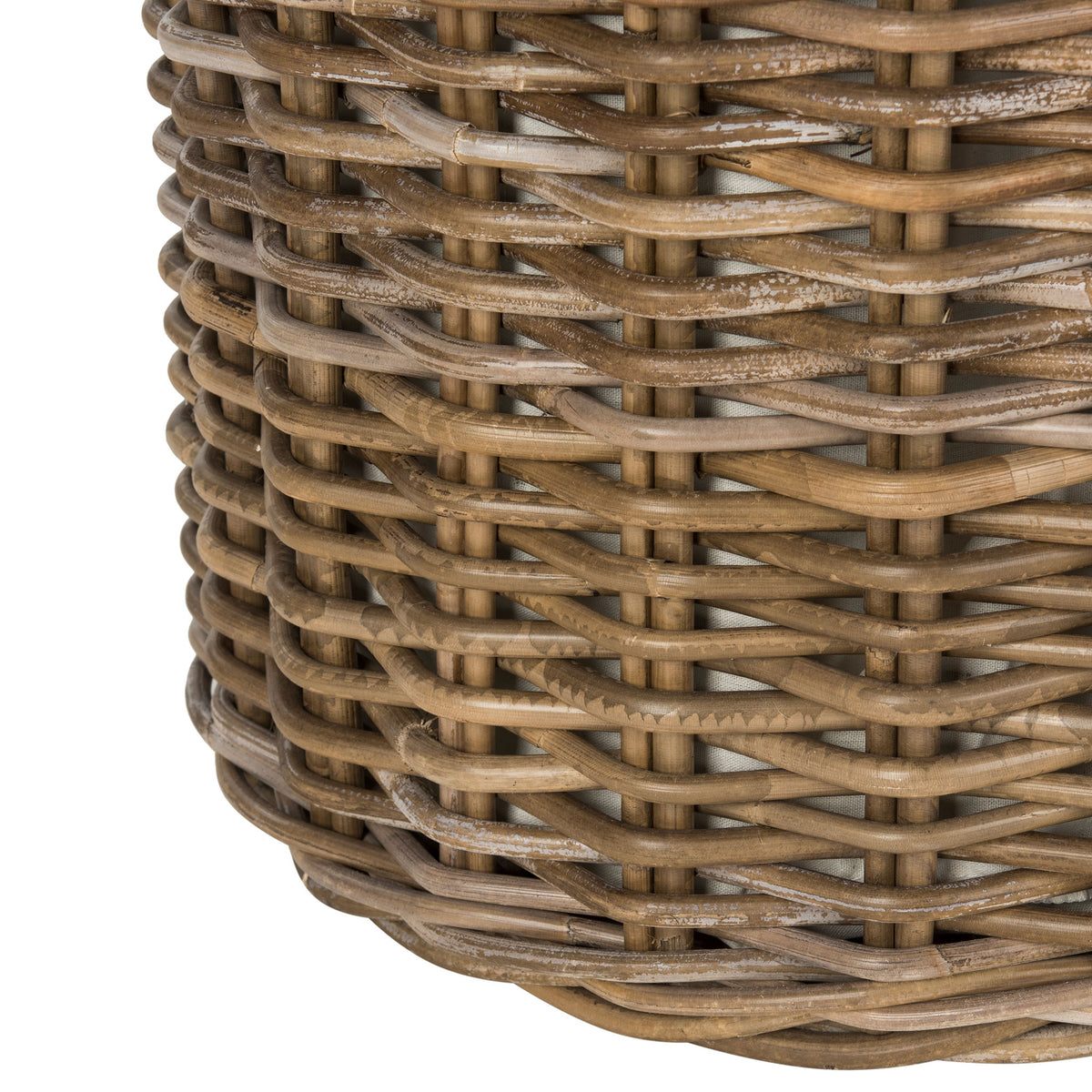 Closely interlaced natural rattan strands form the laundry hamper's rounded base. || HAC6001A || leg_studio