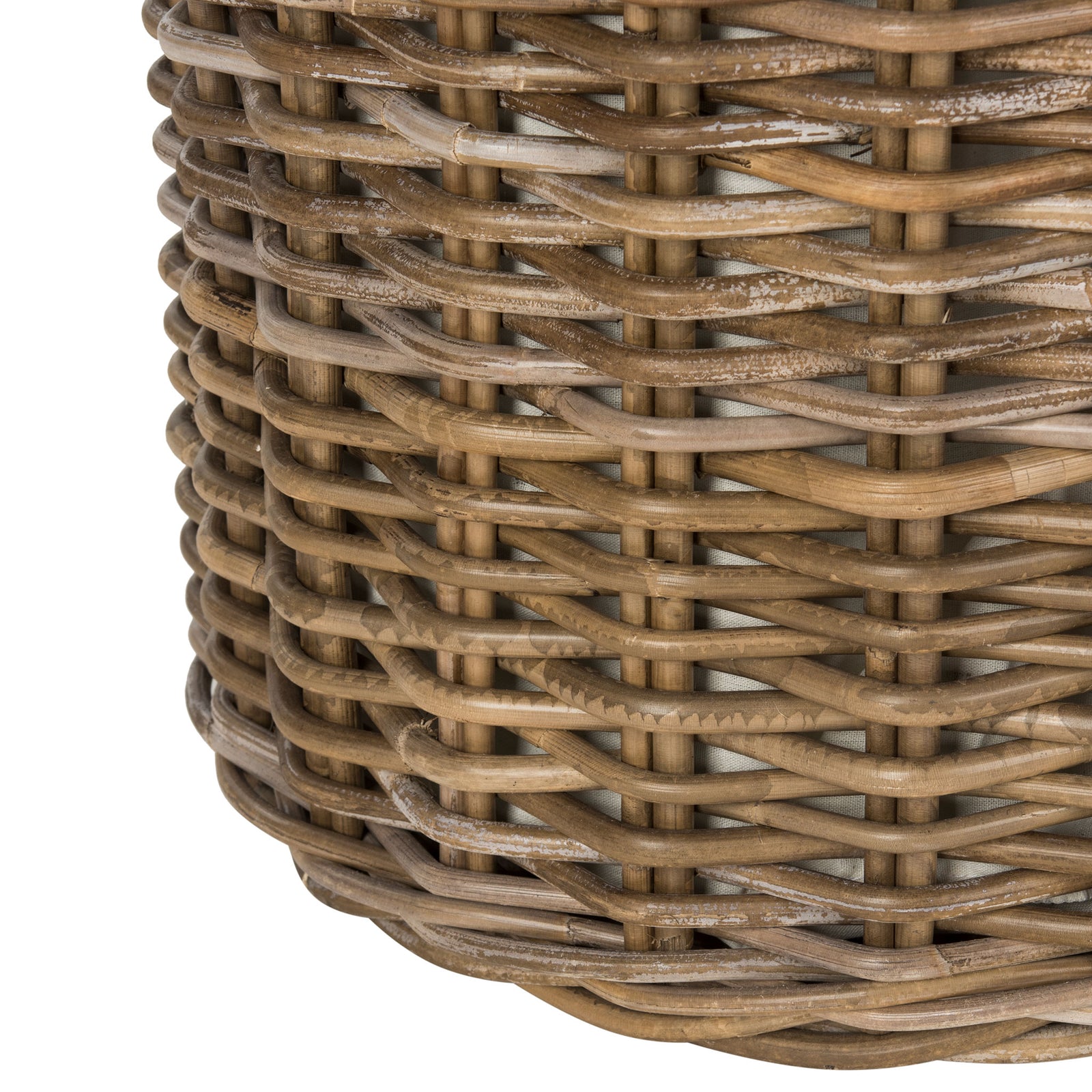 Closely interlaced natural rattan strands form the laundry hamper's rounded base. || HAC6001A || leg_studio