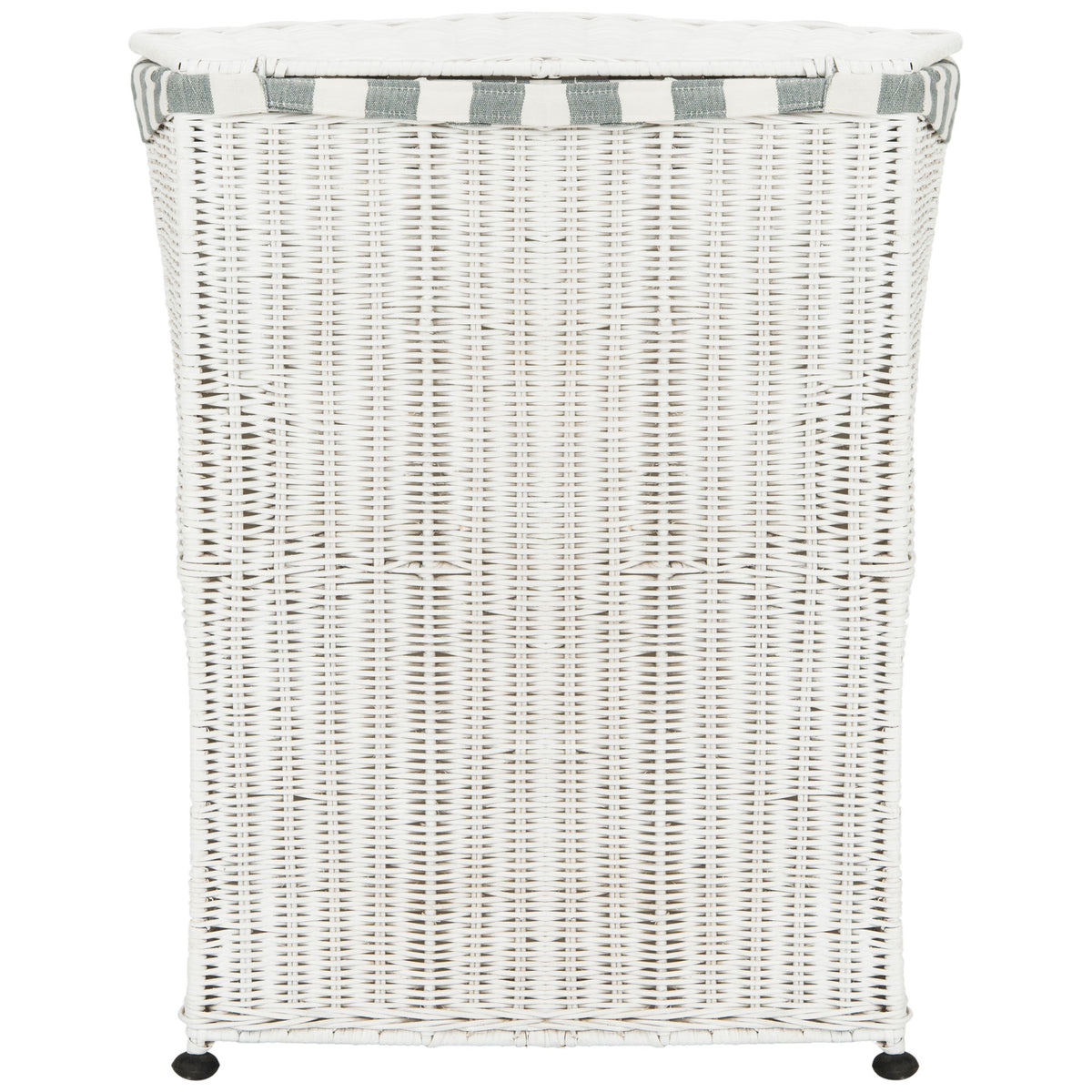 Tall white woven hamper with a fitted lid, striped fabric rim, and small black feet. || HAC6002A || back_studio