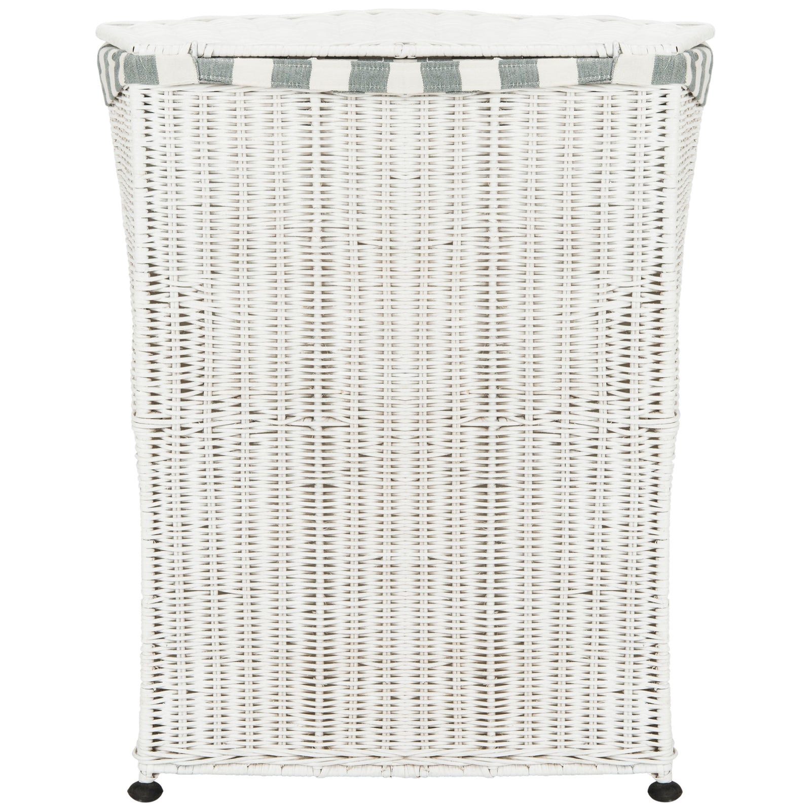 Tall white woven hamper with a fitted lid, striped fabric rim, and small black feet. || HAC6002A || back_studio