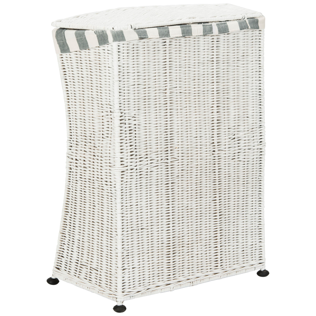 White rattan weave and gray striped trim wrap this lidded laundry basket, raised on small black feet. || HAC6002A || back_angle_studio