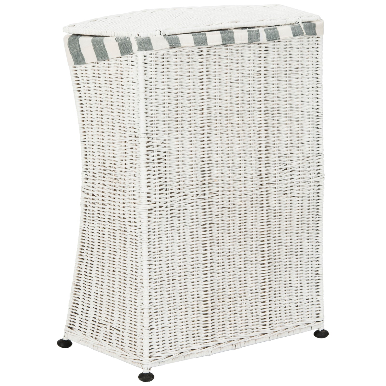 White rattan weave and gray striped trim wrap this lidded laundry basket, raised on small black feet. || HAC6002A || back_angle_studio