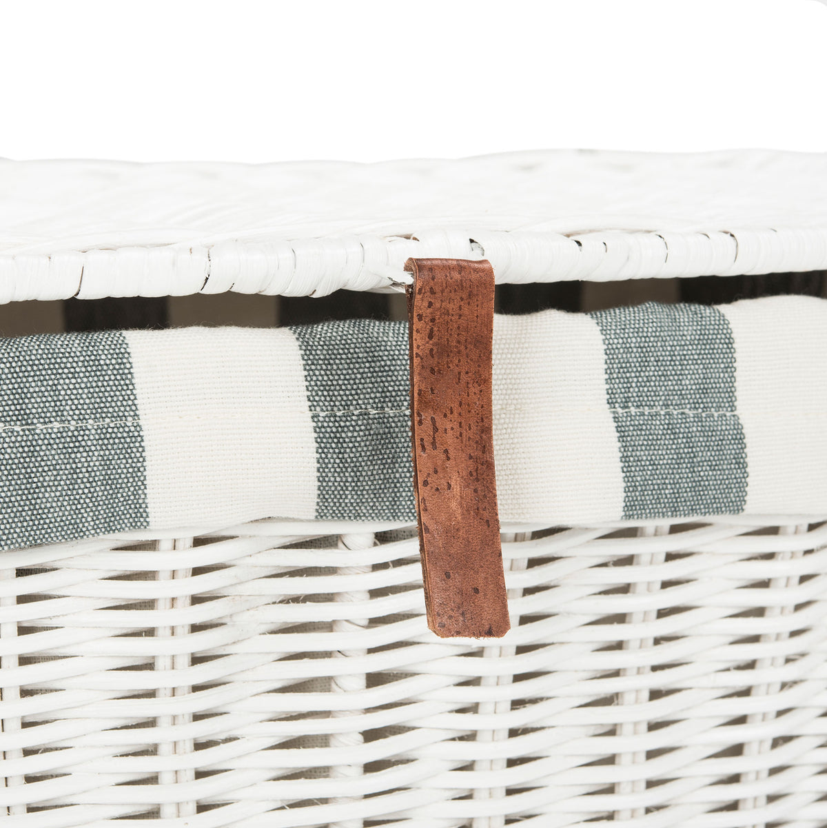 A brown pull tab accents the white woven lid and gray-and-white striped cotton trim. || HAC6002A || handle_studio