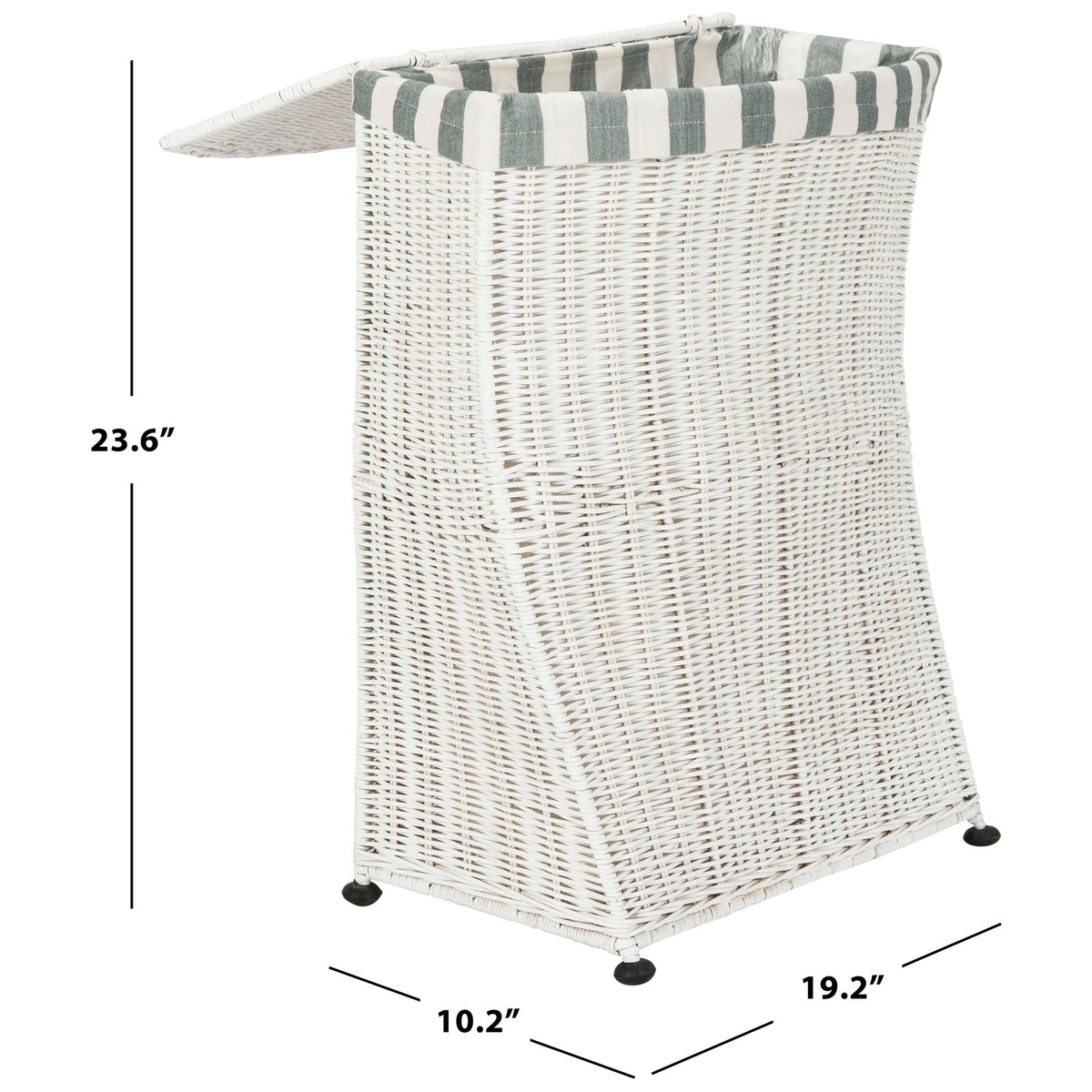 White woven laundry basket measures 19.2 inches wide, 10.2 inches deep, and 23.6 inches high. || HAC6002A || dimension_studio