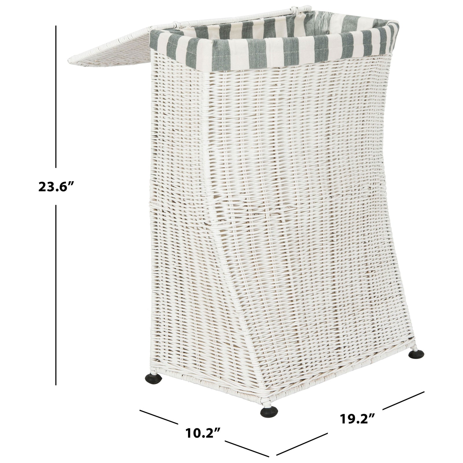 White woven laundry basket measures 19.2 inches wide, 10.2 inches deep, and 23.6 inches high. || HAC6002A || dimension_studio