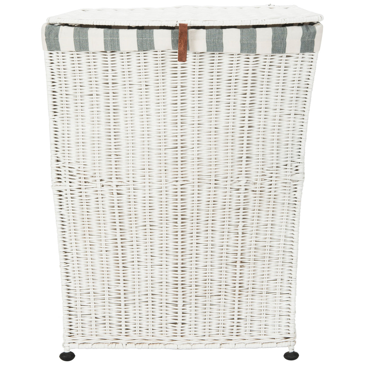 White woven laundry basket features a fitted lid, striped cotton rim, brown pull tab, and black feet. || HAC6002A || front_studio