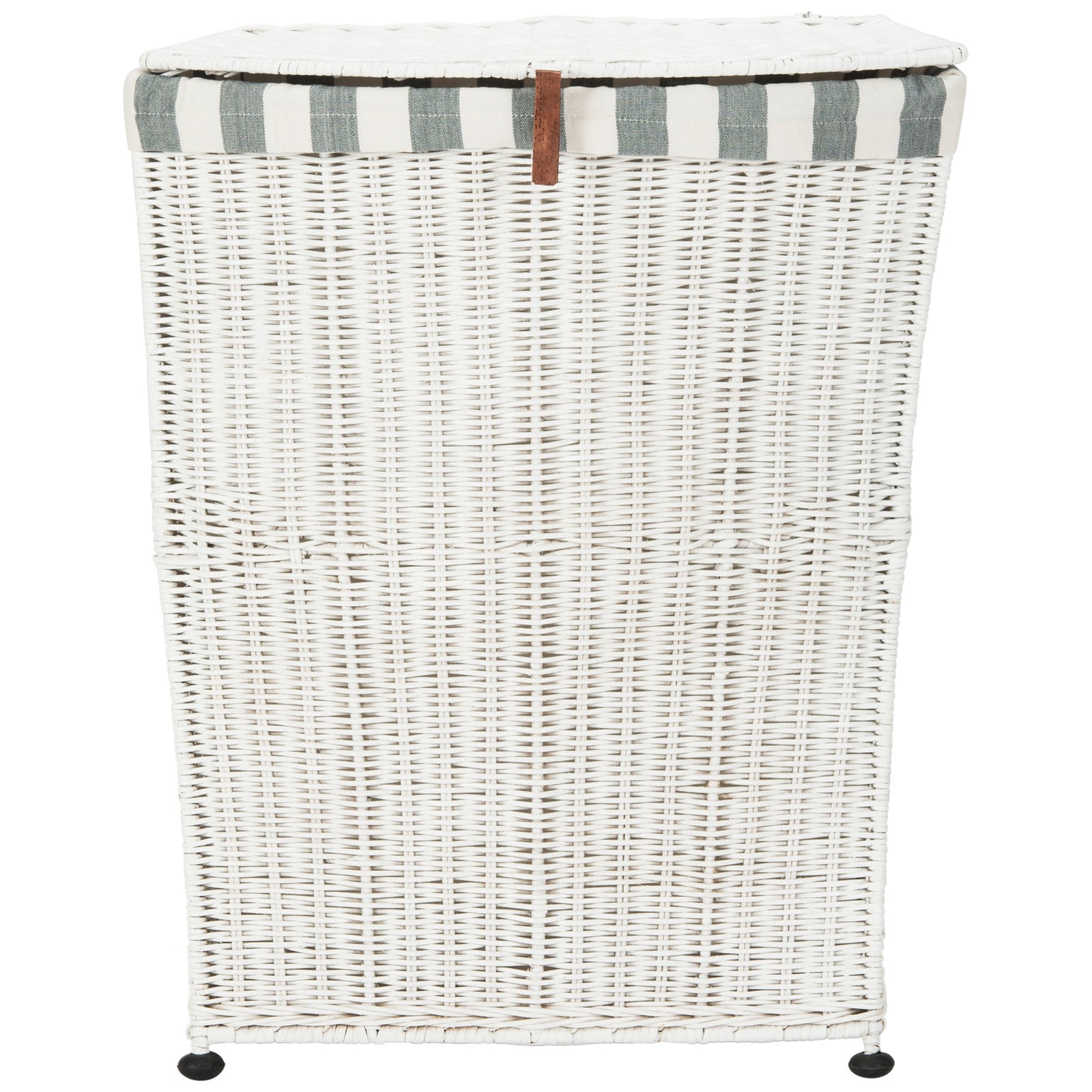 White woven laundry basket features a fitted lid, striped cotton rim, brown pull tab, and black feet. || HAC6002A || front_studio