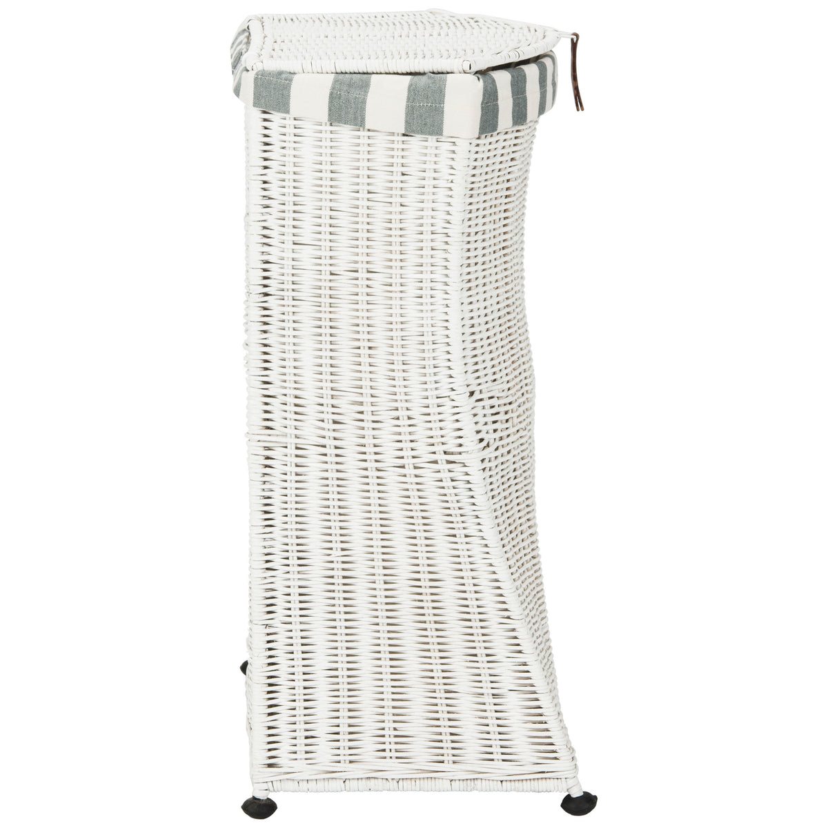 Tall white woven basket has a slim profile, striped upper rim, woven lid, and small black feet. || HAC6002A || side_studio