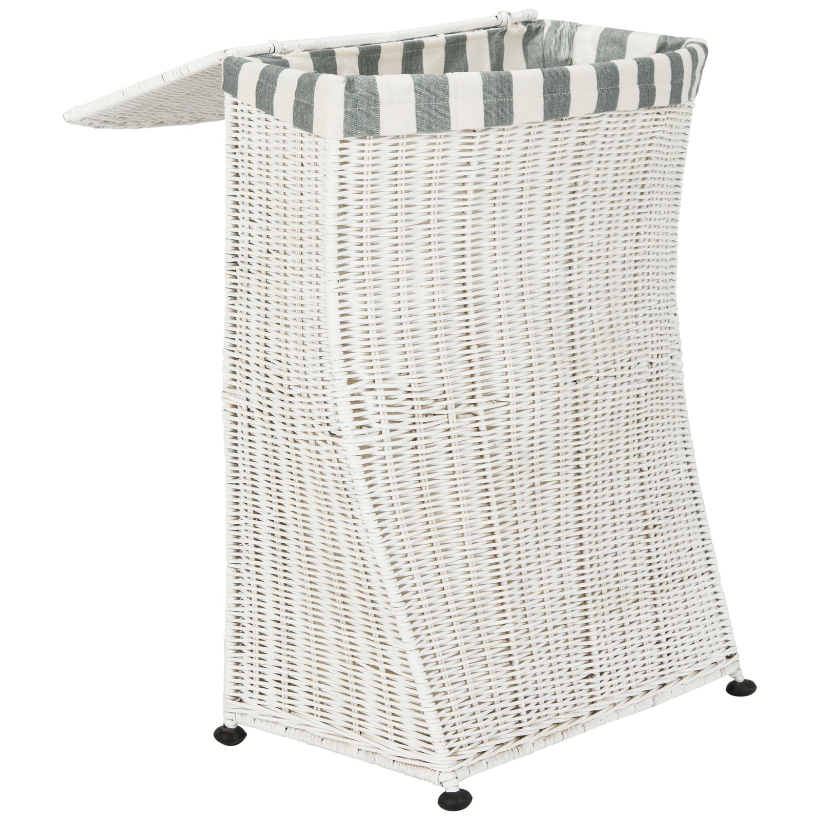 White woven basket opens wide to reveal a roomy interior edged with gray-and-white striped trim. || HAC6002A || front_angle_open_studio