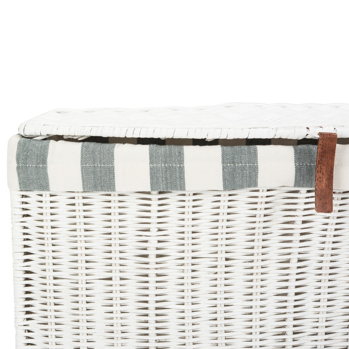 White rattan weave meets a gray-and-white striped cotton band beneath a woven lid and brown pull tab. || HAC6002A || detail_studio