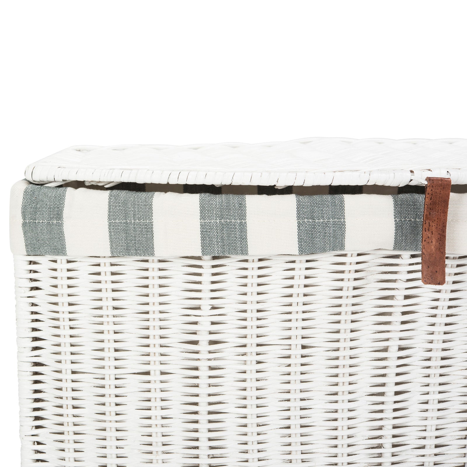 White rattan weave meets a gray-and-white striped cotton band beneath a woven lid and brown pull tab. || HAC6002A || detail_studio
