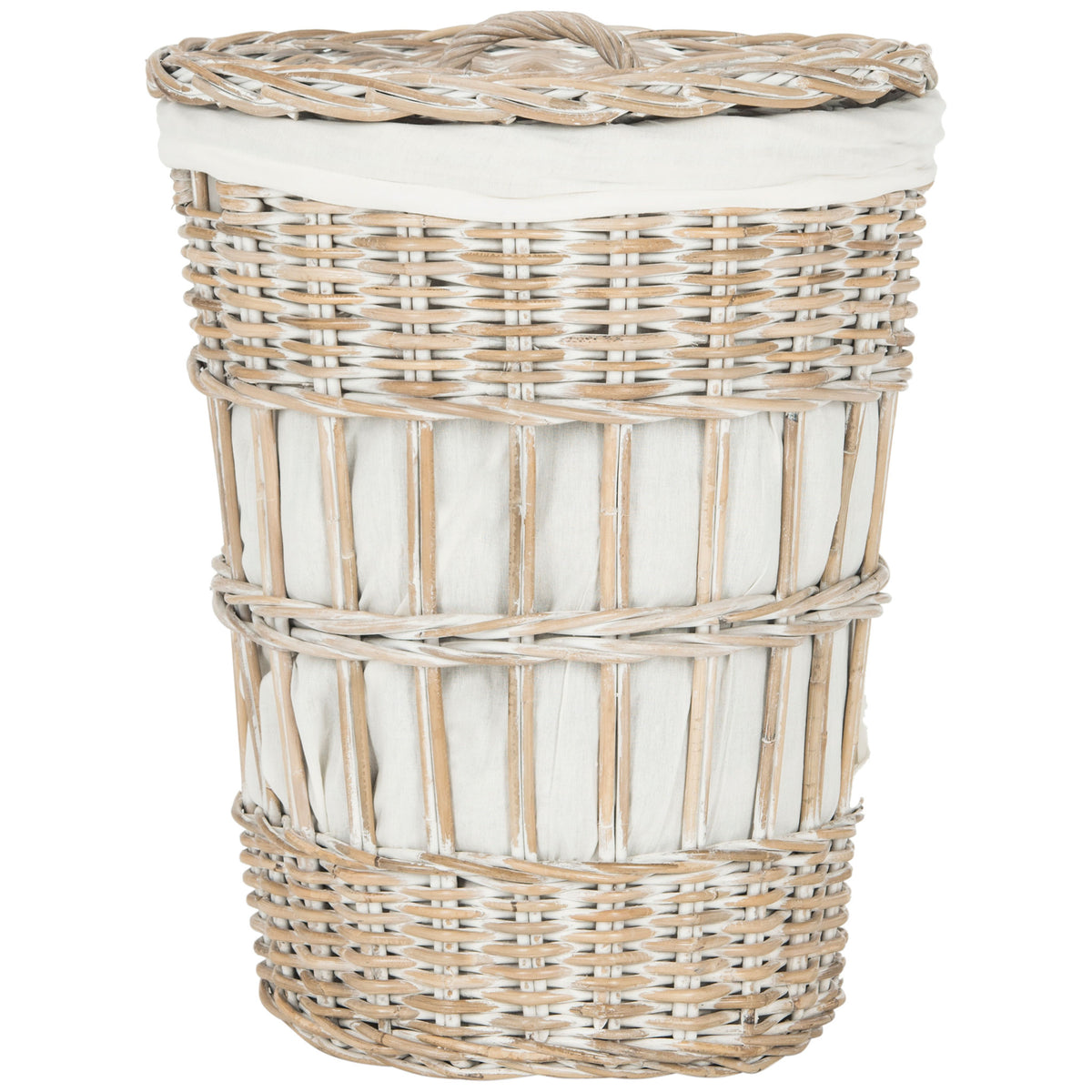 Open rattan slats reveal a white fabric liner beneath a fitted woven lid. || HAC6500A || back_studio