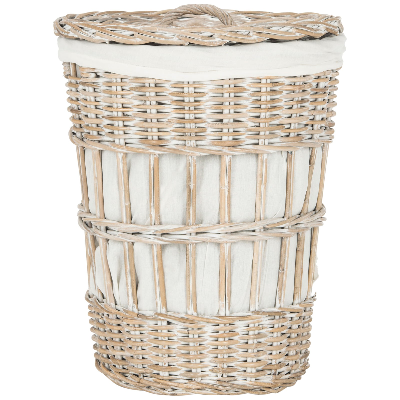 Open rattan slats reveal a white fabric liner beneath a fitted woven lid. || HAC6500A || back_studio