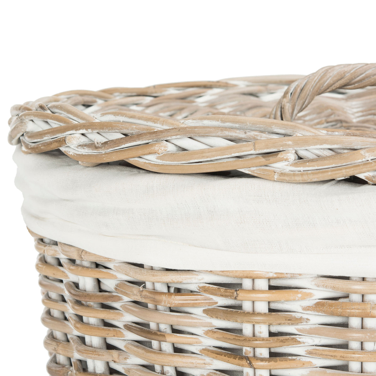 A woven rattan lid adds texture above the hamper's rolled white fabric liner. || HAC6500A || detail_studio