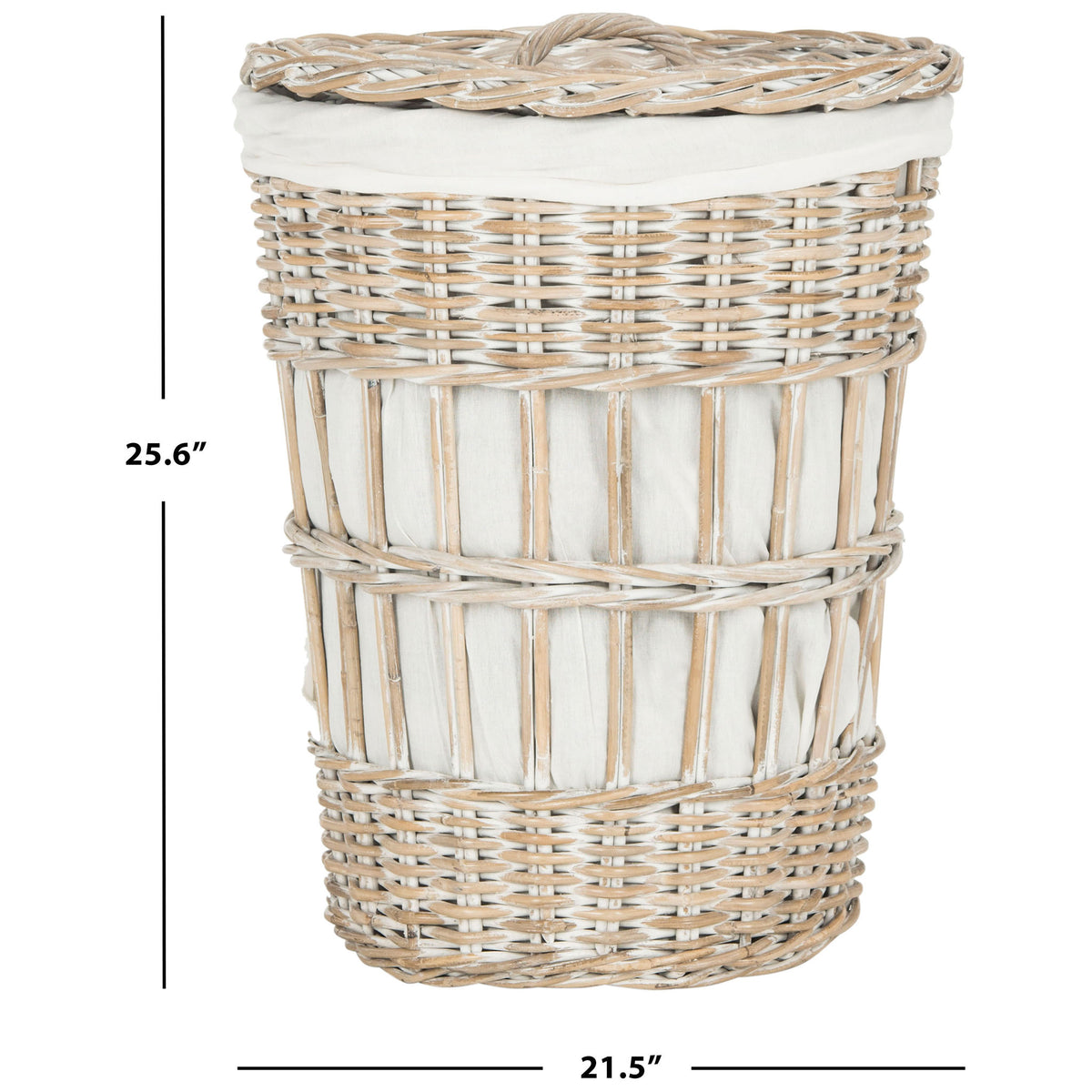 Whitewashed rattan hamper measures 21.5 inches wide and 25.6 inches tall. || HAC6500A || dimension_studio