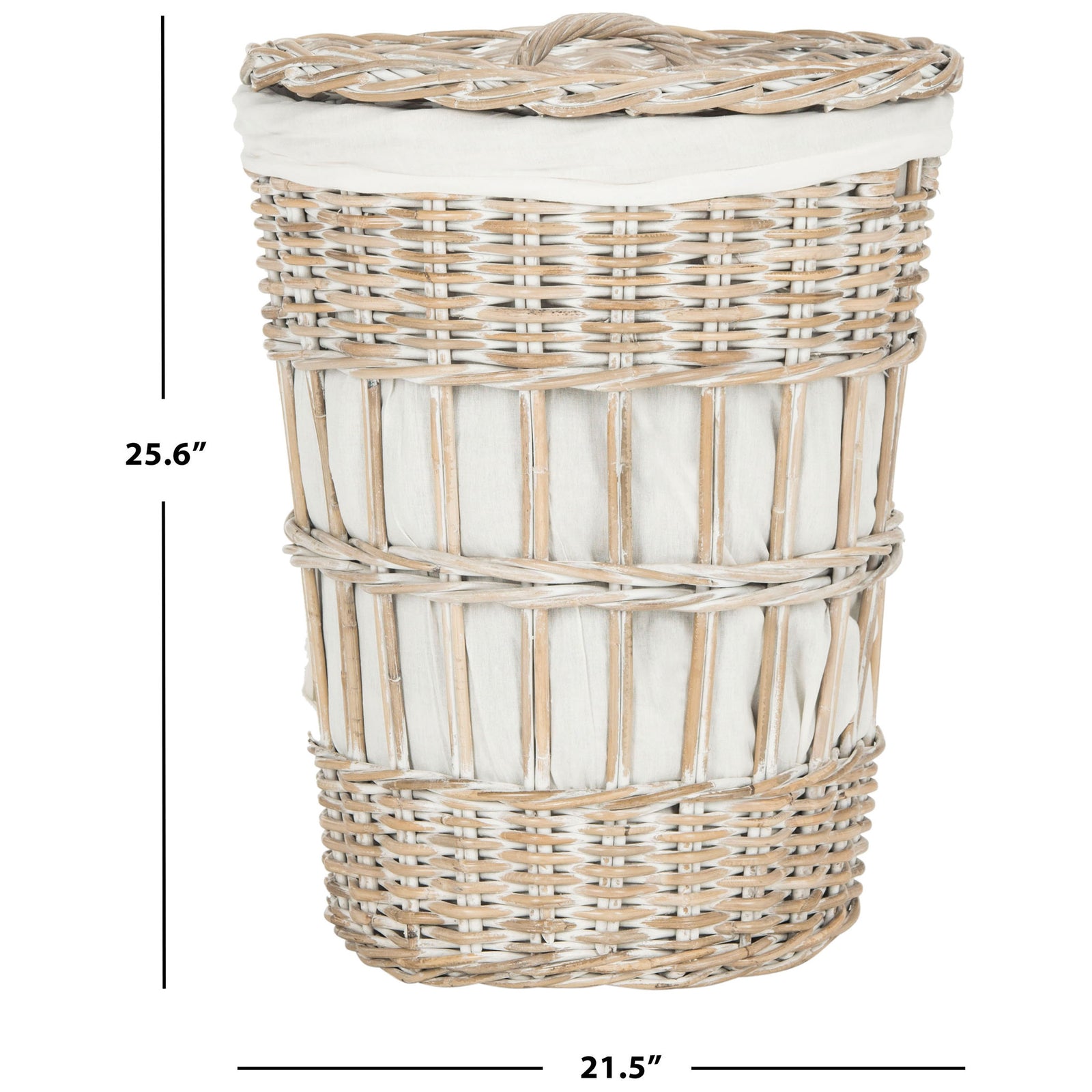 Whitewashed rattan hamper measures 21.5 inches wide and 25.6 inches tall. || HAC6500A || dimension_studio