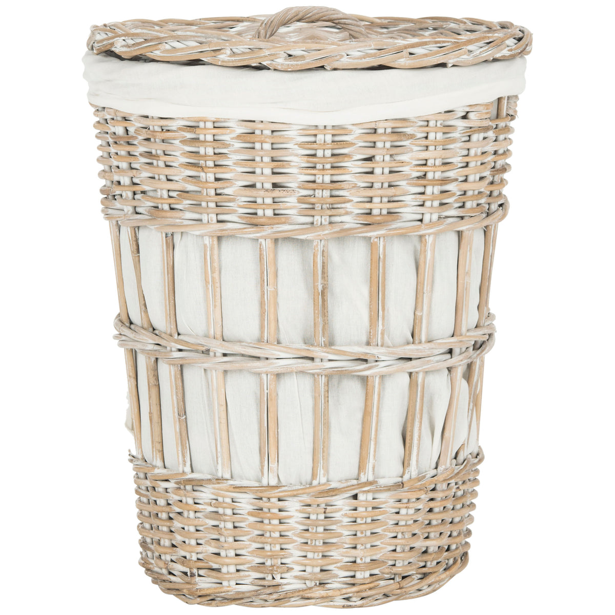Whitewashed kubu rattan hamper pairs a textured woven lid with a soft white liner. || HAC6500A || front_studio