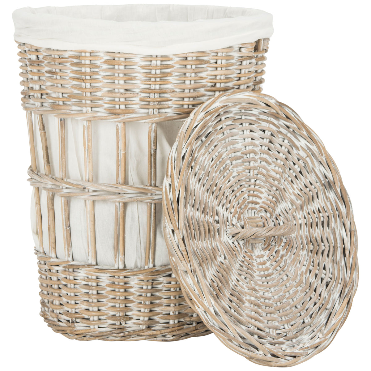 A removable woven lid reveals the white fabric lining of this airy rattan hamper. || HAC6500A || front_open_studio