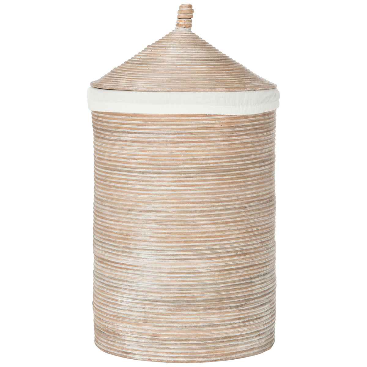 Pale rattan weave wraps a tall hamper with a conical lid and soft white trim || HAC6501A || back_studio