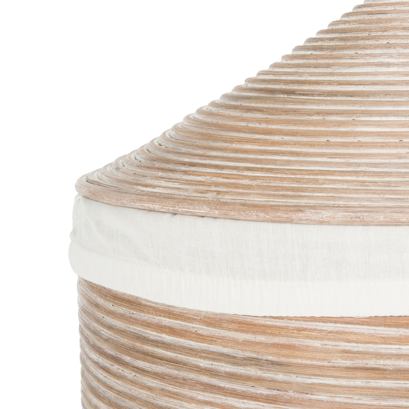 A tapered rattan lid meets a wide band of white fabric above the woven hamper || HAC6501A || detail_studio