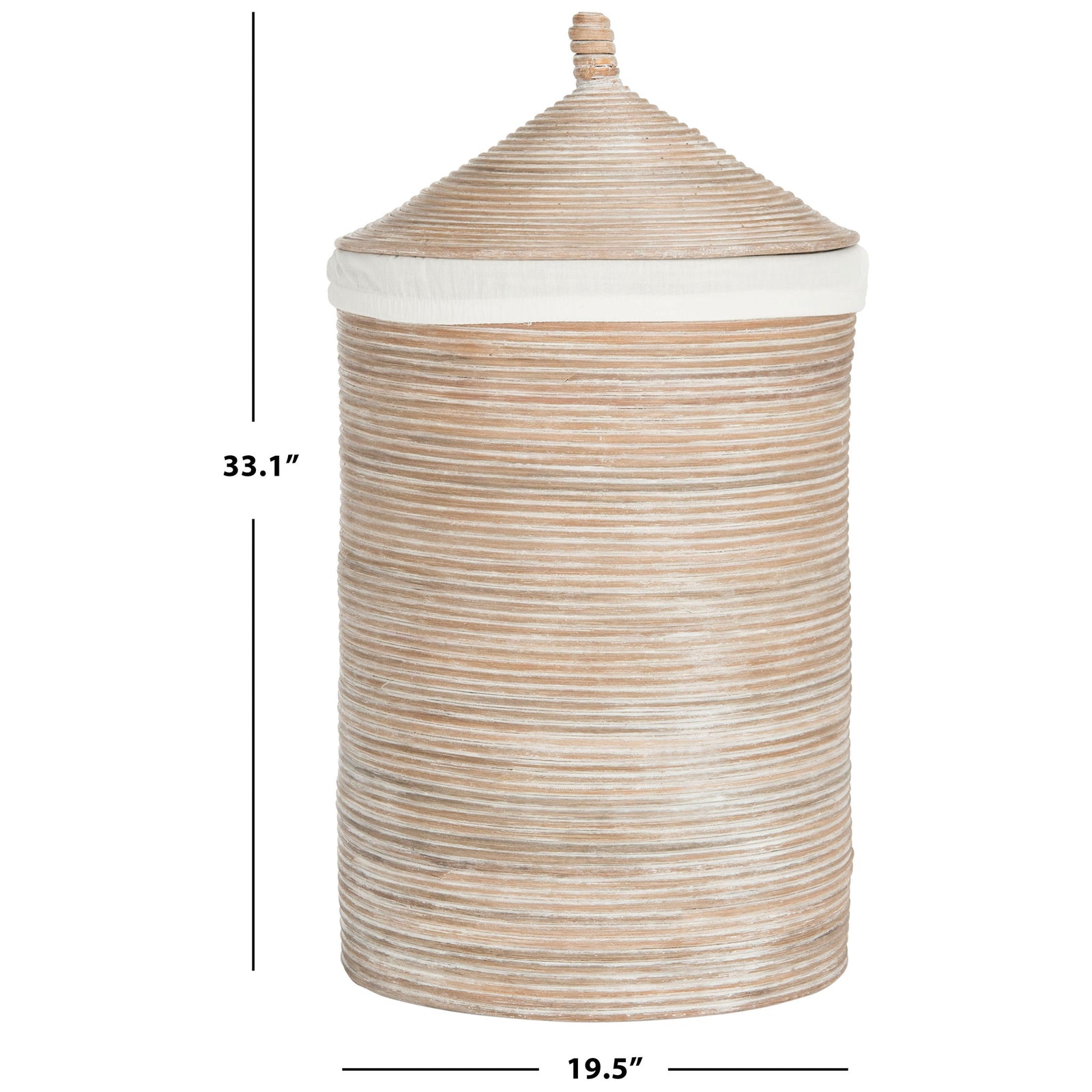 Whitewashed rattan hamper measures 33.1 inches tall and 19.5 inches across || HAC6501A || dimension_studio